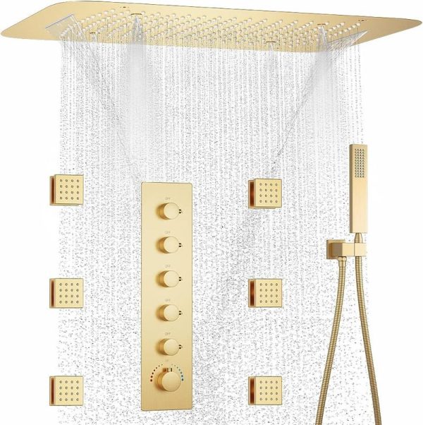 Brushed Gold Multi-Function 6pcs Shower Jet Ceiling Rain Shower Thermostatic Valve Rainfall Shower System