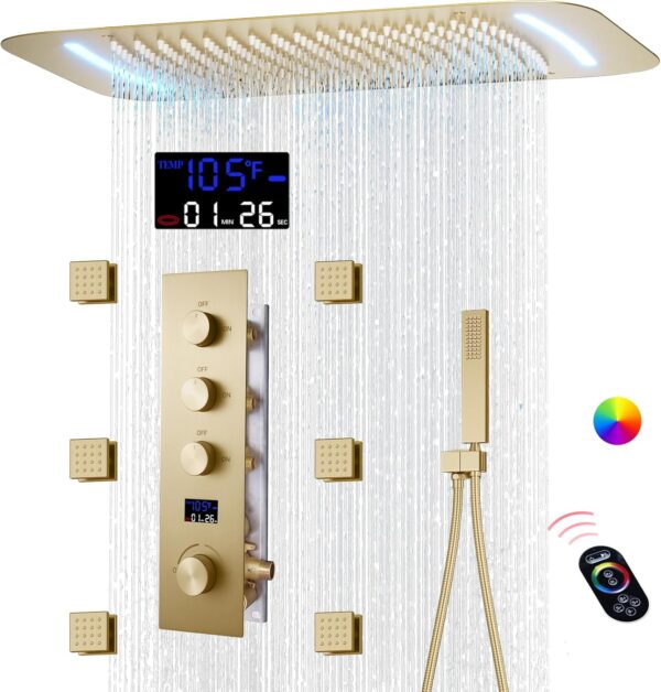 Brushed Gold Thermostatic Body Jets Shower System Shower Set with Digital Display Bathroom Shower Set
