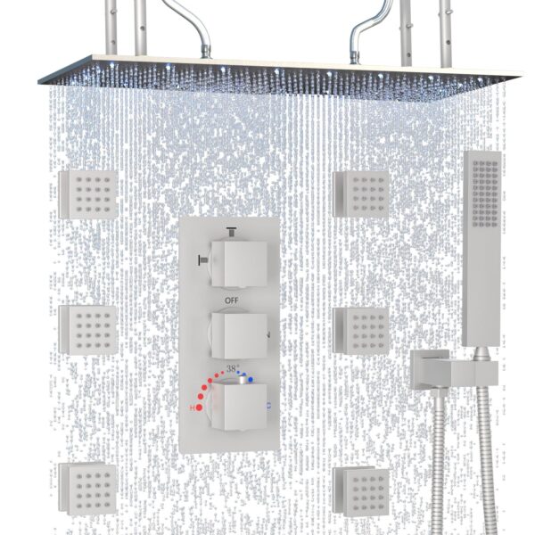 Brushed Nickel  LED Ceiling Rainfall Faucet Set Shower System
