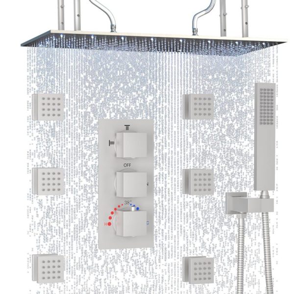 Brushed Nickel  LED Ceiling Rainfall Faucet Set Shower System