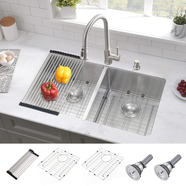 CUPC 32 30 Inch Multifunction Double Bowl 60/40 50/50 Low Divide Stainless Steel Undermount Kitchen Sink Handmade Dishwash Sink