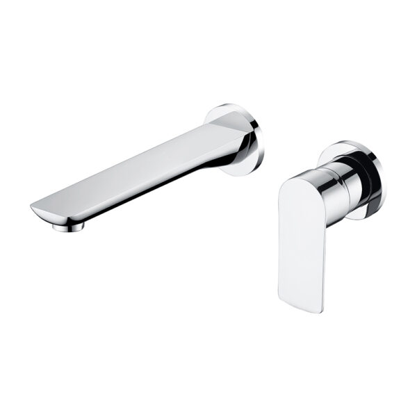 Grifo de lavabo de baño de pared de latón macizo con acabado cromado, monomando y dos orificios, grifo de baño de lujo