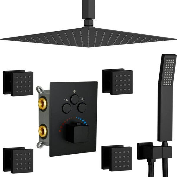 Complete Matte Black 16 Inch Shower Set Contemporary Brass Full Body Rain Shower Faucets Three Buttons Control for Modern