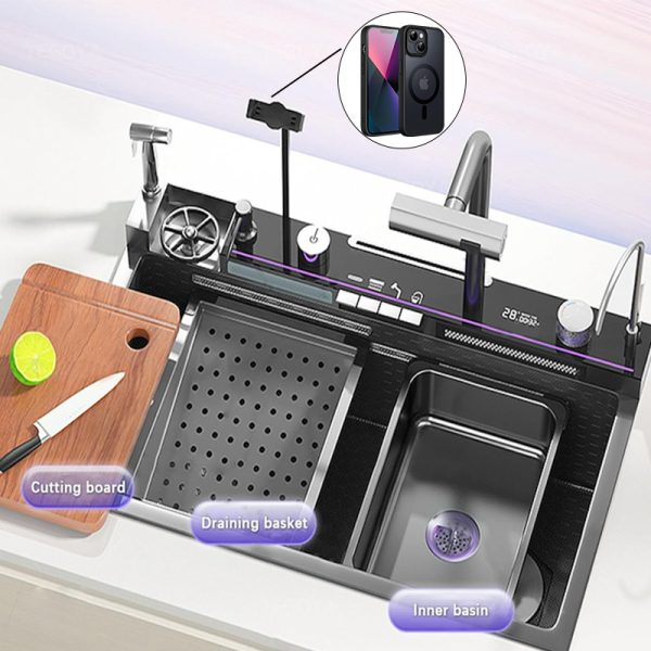 Digital Display Smart Kitchen Sink Embossed Large Single Groove Stainless Steel Nano Radiance Waterfall Sink