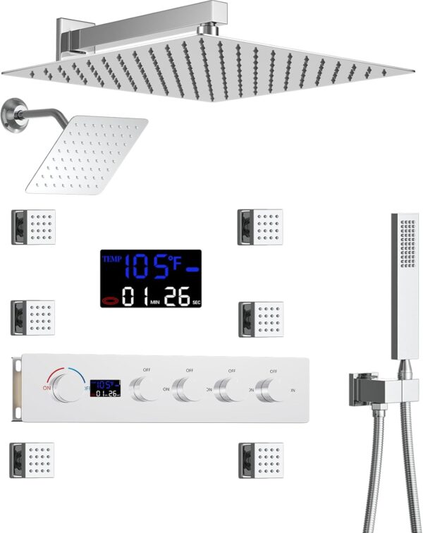 Digital Display Thermostatic Shower Set with Rain Spray Pattern Brushed Gold and Brushed Nickel Bathroom Suite for Hotels