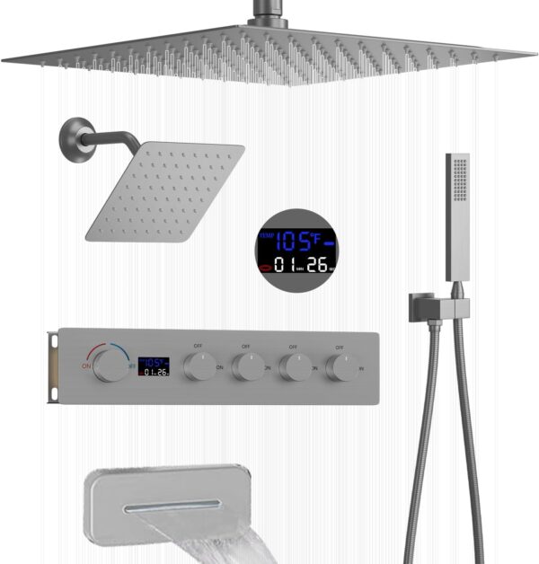 Digital Display Thermostatic Shower System Brushed Nickel Color Bathroom Shower Set with Rain Spray Pattern for Hotels