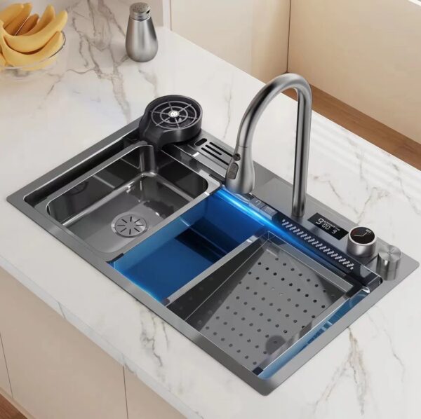 Digital Display Waterfall Kitchen Sink with Whole Set Accessories SUS304 Stainless Steel Durable Multi Function Single Big BowlDisplay