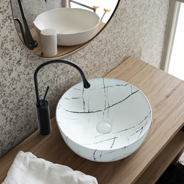 Elegant Modern Design White Marble Countertop Mounted Ceramic Washbasin High Quality Lavabo for Bathroom
