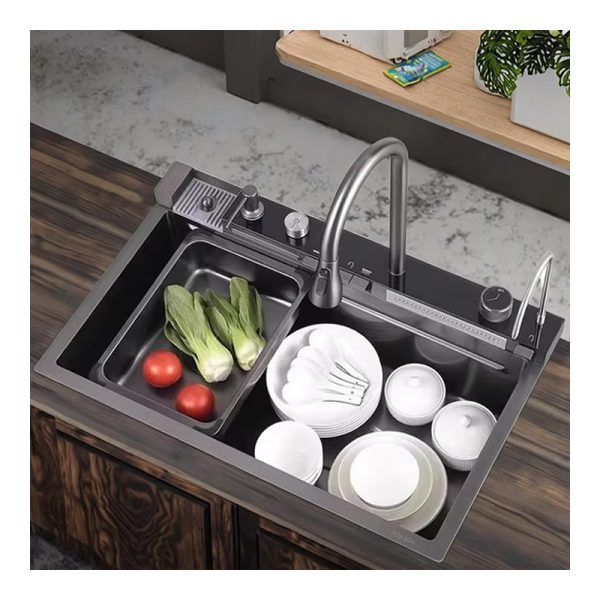 Elegant Whale Flying Rain Waterfall Pull-Out Faucet for Home Kitchen Durable Single Bowl Sink with Nano Surface Treatment