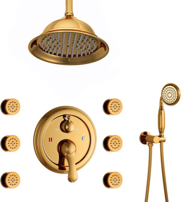 Gold Ceiling Rain Shower System 3 Way Balance Rough-In Valve Antique Shower Faucet System