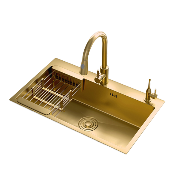 Gold Single Handle Pull-Down Kitchen Faucet 304 Stainless Steel Single Bowl Luxury Undermount Modern Sink Two Holes Nano Surface