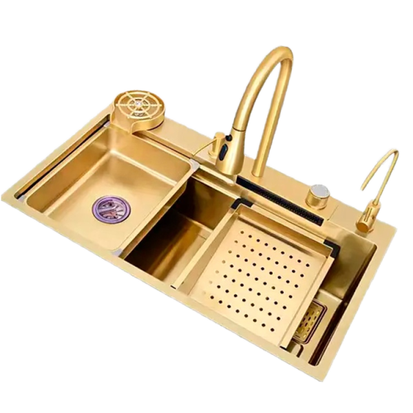 Golden Handmade Large Single Bowl Waterfall Kitchen Sink 304/201 Stainless Steel Thickened Smart Kitchen Sinks