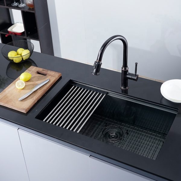 Fregadero de cocina de un seno color gris plomo, fregadero de cocina de acero inoxidable negro, fregadero de estación de trabajo bajo encimera