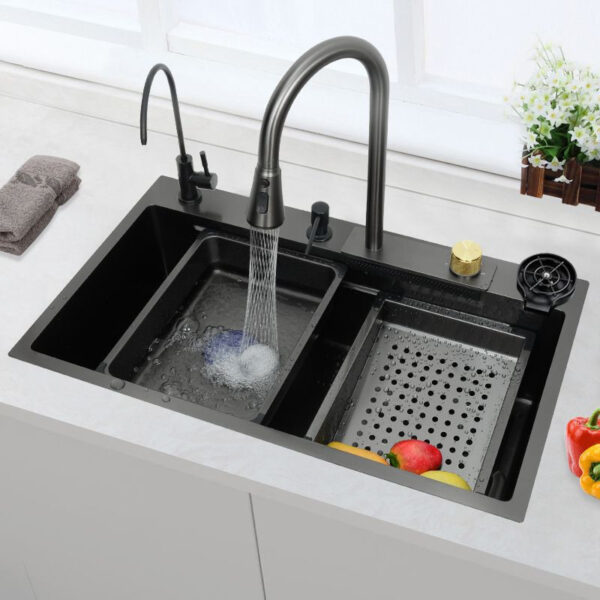 Handmade 75x46x22cm Multifunctional Stainless Steel Kitchen Sink Single Bowl Waterfall Faucet Four Holes Accessory-Rich Design