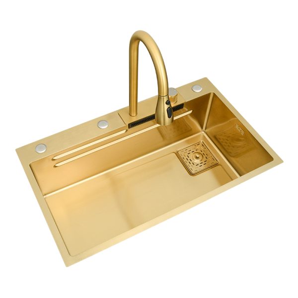 Handmade Gold Waterfall Faucet for Kitchen Sink Single Bowl Nano Surface Treatment Multifunctional Faucet for Kitchen One
