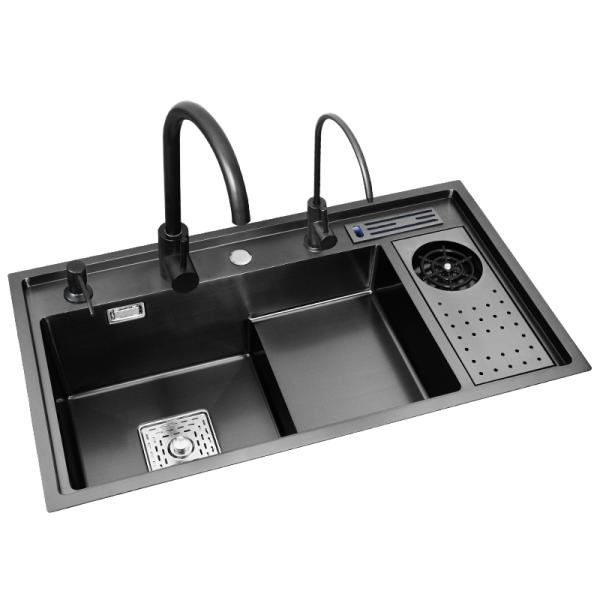 Handmade Large Black 304 Stainless Steel Single Bowl Kitchen Sink High Low Step Cup Rinser Faucet Four Square Design Double Bowl