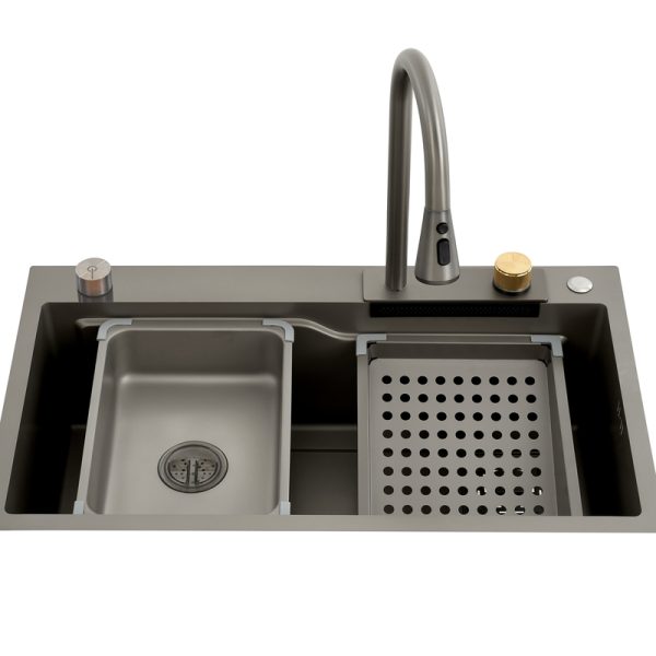 Gray Kitchen Sink 304 Stainless Steel Multifunctional Rainfall Faucet Kitchen Sink With Waterfall