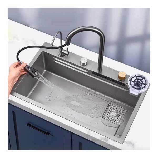 Handmade Stainless Steel Kitchen Sink Faucet New Design Multi-Functional Waterfall Double Bowl Undermount Installation One-Hole
