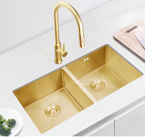 High Grade Stainless Steel Glod Double Bowl Undermount Handmade Kitchen Sink