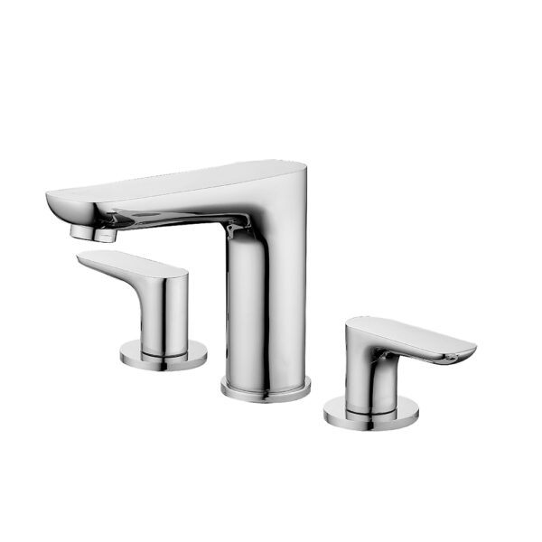 Grifo mezclador de lavabo de tres orificios de latón cromado de alta calidad, diseño moderno, para baño con agua caliente y fría.