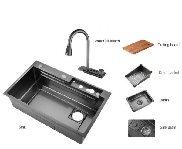 High Quality Hand-Made Stainless Steel Double Bowl Sink Set Temperature Digital Display Faucet Multi-Mode Withdrawable Faucet