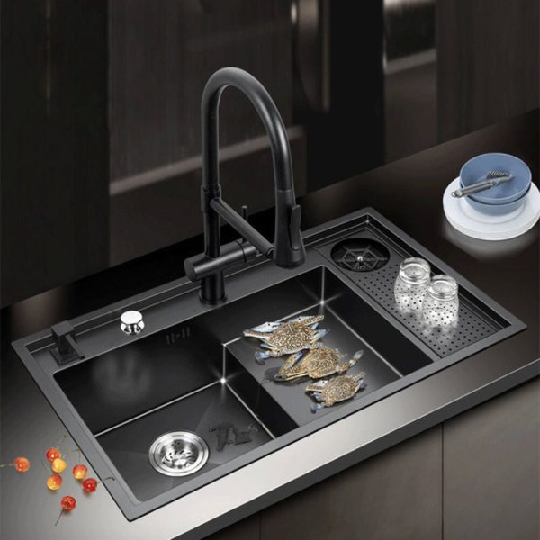 High and Low Step Wash Multi-function Large Handmade Sus304 Steel Kitchen Sink with Cup Washer