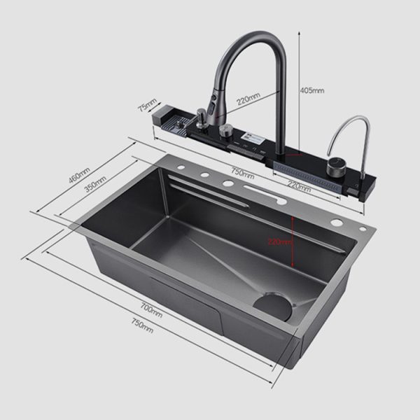304 Stainless Steel Piano Key Multifunctional Nano Dark Grey Kitchen Sink With Waterfall Faucet
