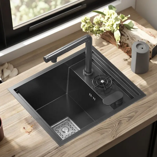 Hot Sale Black Nano Small Bar Invisible Single Bowl SS Hidden Kitchen Sinks with Foldable Faucet