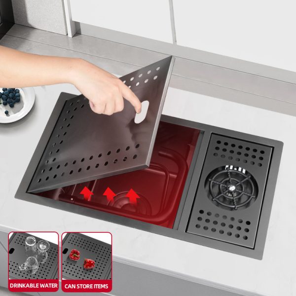 Hot Sale Hidden Sink with Glass Rinser Black Stainless Steel Small Sinks Handmade Mini bar Sink with Lid