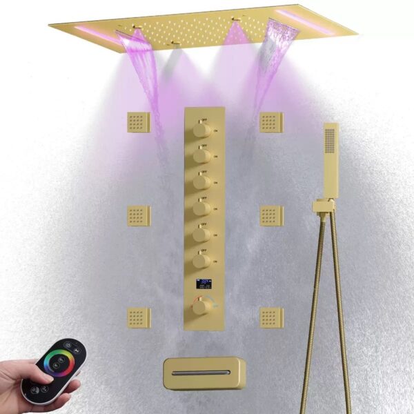 Luxury 4 Function Brush Gold Digital Display LED Shower Faucet Set