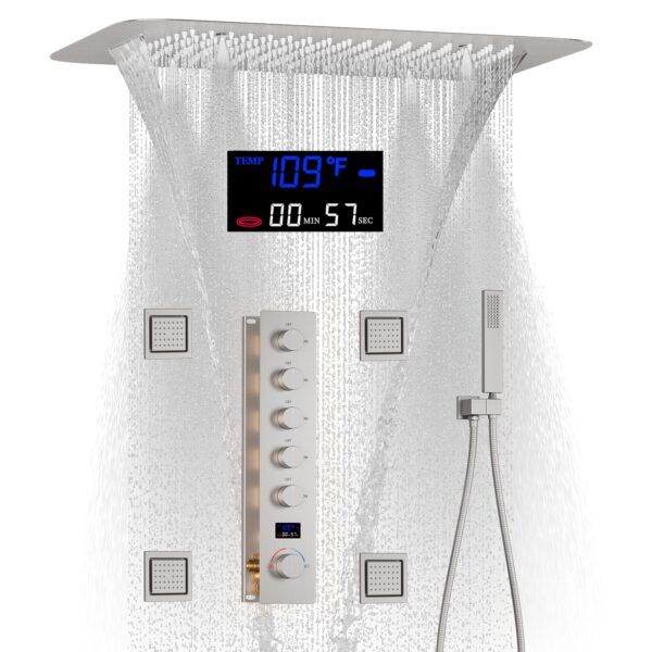 Hot and Cold 4 Modes Waterfall Shower Faucet System, Brass Chrome Shower System with Digital Display and Body Spray