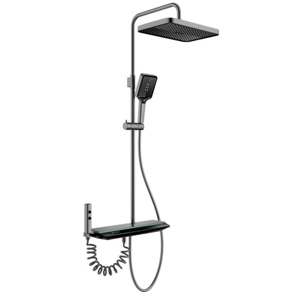 Intelligent 4-Function Waterfall Mixer Dual Handle Square Shower Column Wall-Mounted Faucet Polished Brass Soft Spray Cold Hot
