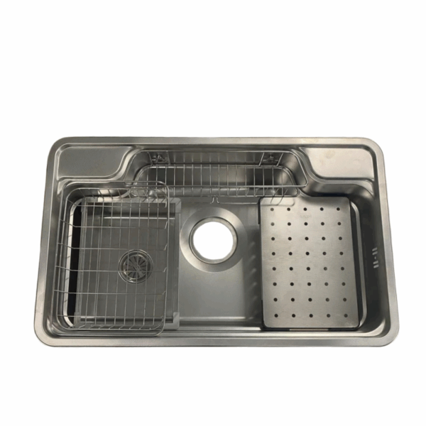Fregadero de acero inoxidable de gran tamaño, de un solo seno, para cocina, estación de trabajo Nano de 140/185 mm, con desagüe de cuatro orificios, fregadero prensado