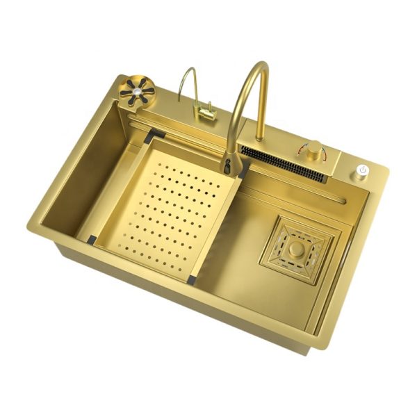 Brushed Gold Stainless Steel Sink Multifunctional Integrated Kitchen Island Sink with Double Faucet for Farmhouse
