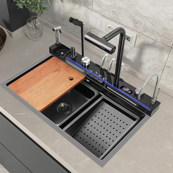 Kitchen Faucet and Sink Set LED Digital Display With Pull-Out Faucet Stainless Steel Kitchen Sinks