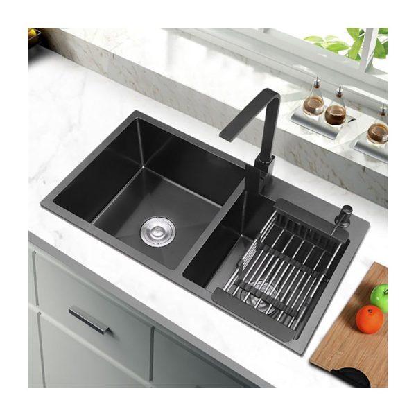 Kitchen Sink Factory Double Bowl SUS304 Anti-rust Handmade Stainless Steel Modern Sink Bottom Black with Full Accessories