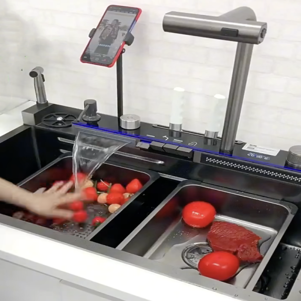 Large Single Bowl Multifunction Sink Anti-Scratch LED Digital Display Waterfall Kitchen Sink With Cellphone Holder