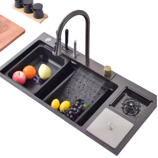 Single Bowl Stainless Steel Sink Waterfall Faucet Smart Kitchen Sinks Nano Black Handmade Kitchen Sink with Trash Can