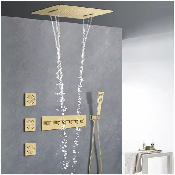 Brushed Gold Wall Mount Bathroom Thermostatic Waterfall Rain Shower System Jets With Hand Sprayer Concealed Shower Set