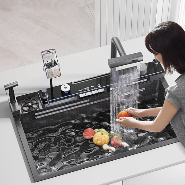 Luxurious Intelligent Single Waterfall Sink 304 Stainless Steel Multi -Functional Workstation Sink with Mobile Phone Bracket