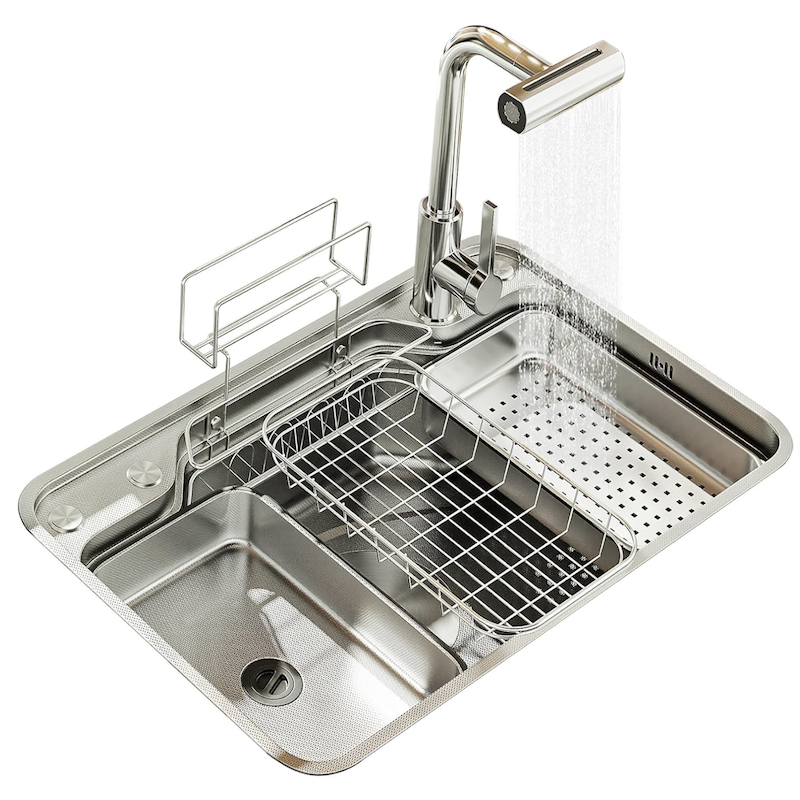 Luxury Brushed Waterfall Single Bowl with Rice Grain Embossing Technology Multifunctional Sinks with Storage Rack Luxury Brushed Waterfall Single Bowl with Luxury Brushed Waterfall Single Bowl with Rice Grain Embossing Technology Multifunctional Sinks with Storage Rack