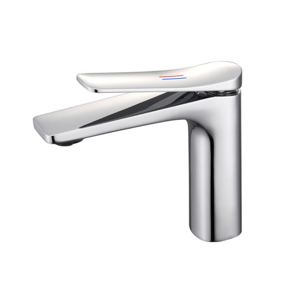 Grifo monomando para lavabo de baño con mezclador de agua fría y caliente de latón cromado pulido de diseño de lujo