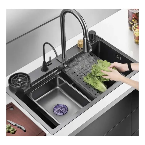 Luxury Kitchen Sinks Multifunctional Sink Modern Waterfall Rainfall Single Bowl Kitchen Sink Set Black 304 Stainless Steel China