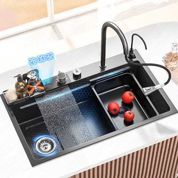 Luxury Modern Black Stainless Steel Kitchen Digital Sink with Rack Cup Washer and Waterfall Faucet for Hotel Kitchen