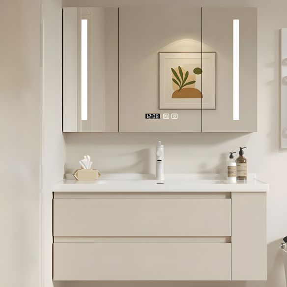 Solid Wood Mirror Cabinet White Rock Slab Ceramic Wash Basin