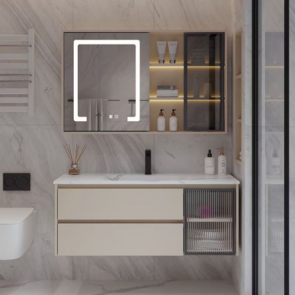 Ceramic integrated basin, milk oil wind, solid wood bathroom cabinet