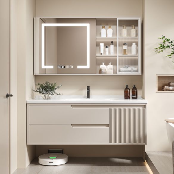 Cream Style Piano Lacquer Panel Ceramic Integrated Basin Master Bedroom Bathroom Cabinet
