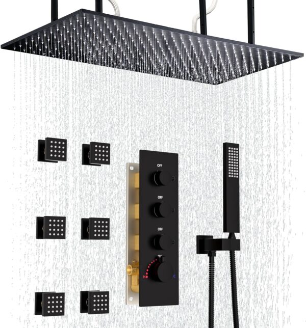 Matte Black 16x32 Stainless Steel Shower Set Adjustable Large Rain Thermostatic Shower System Handheld Combo Set