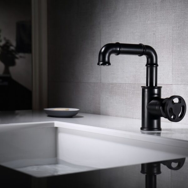 Matte Black Basin Mixer Faucet Single Hole Brass Basin Tap Deck Mounted Industrial Bathroom Sink Faucet