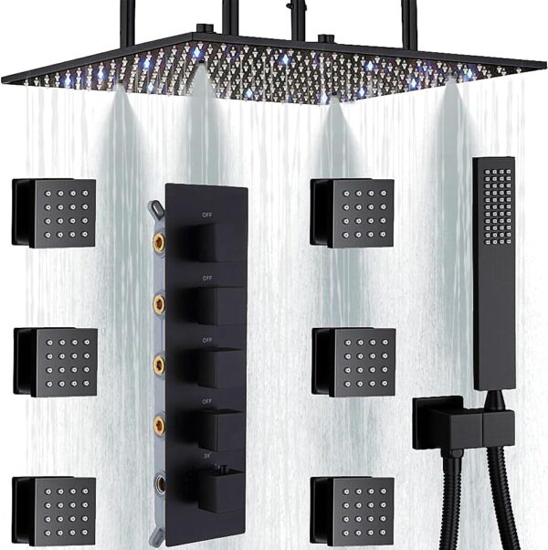 Matte Black LED Thermostatic Complete Faucet Set Rainfall Shower System with Brass Shower Heads for Bathroom Accessory